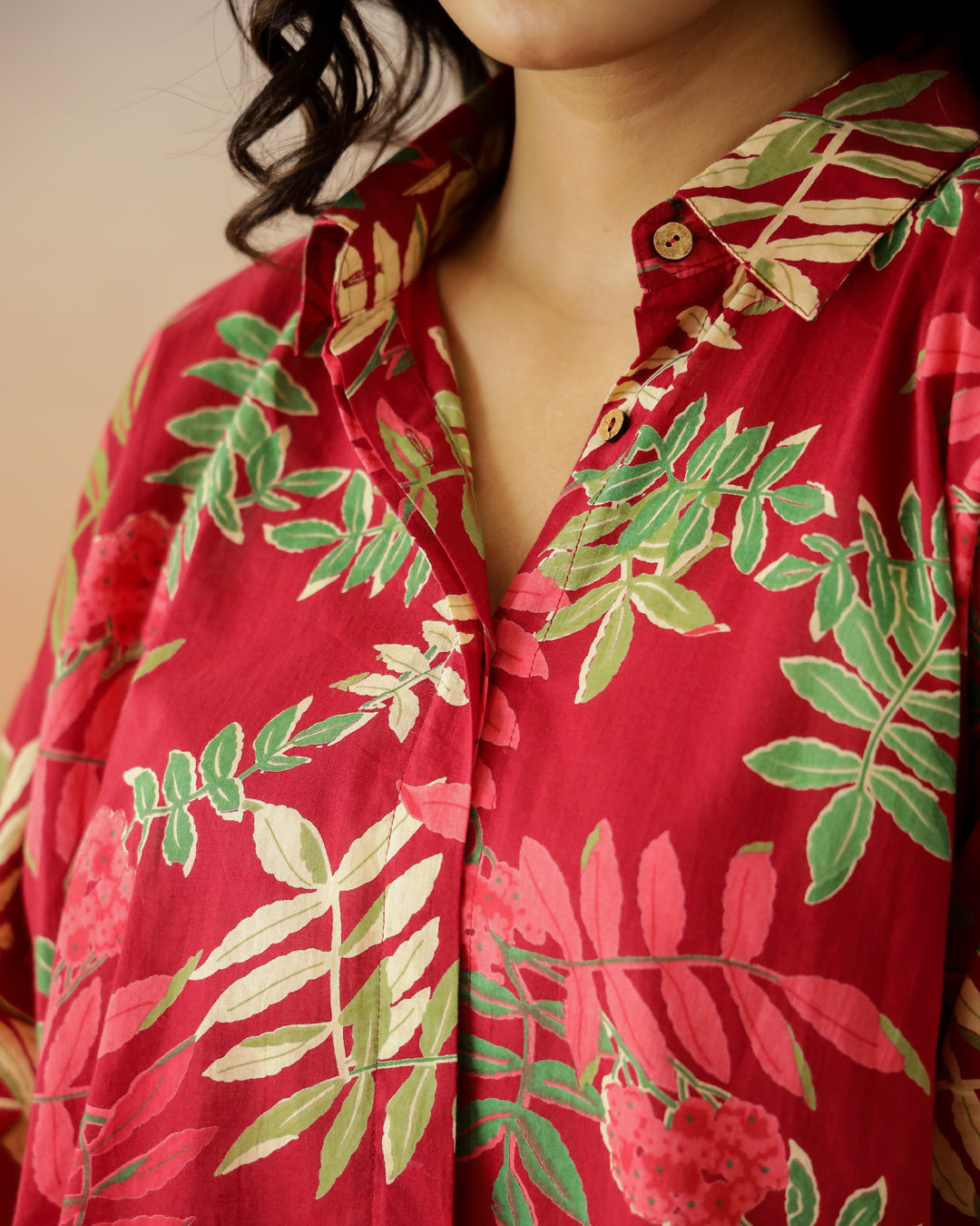 Red Leaf Printed Cotton Top for Women