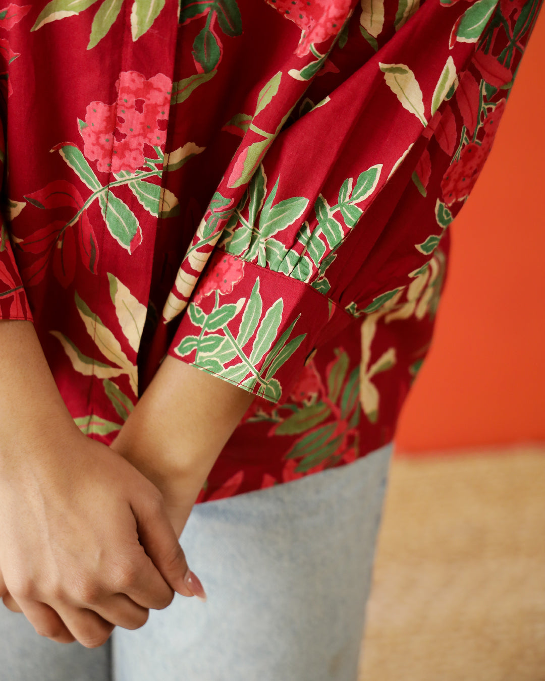 Red Leaf Printed Cotton Top for Women