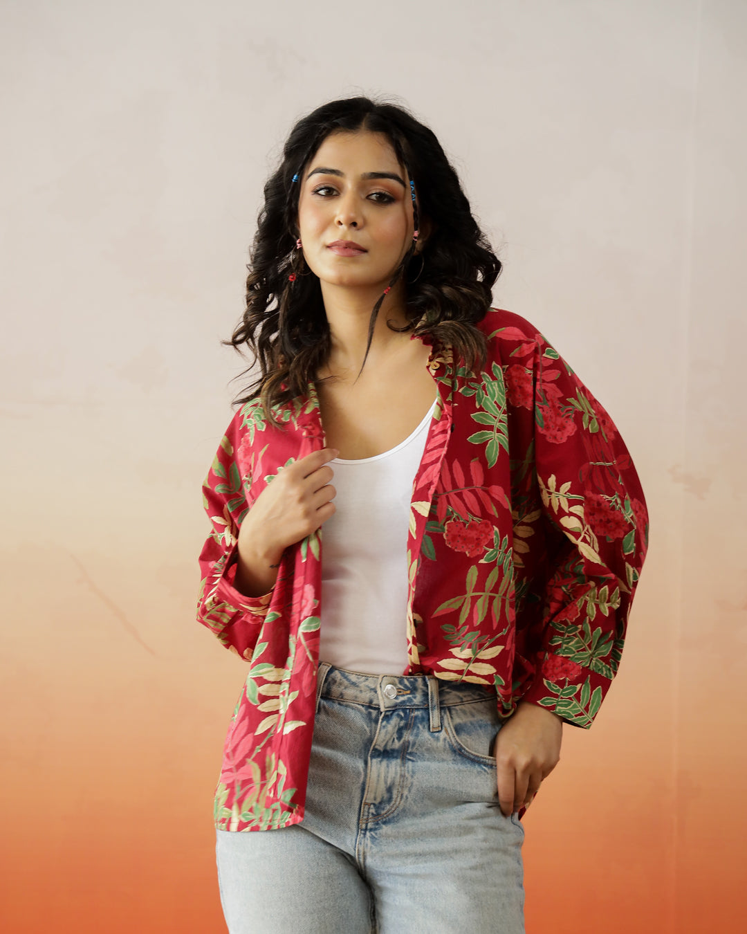Red Leaf Printed Cotton Top for Women