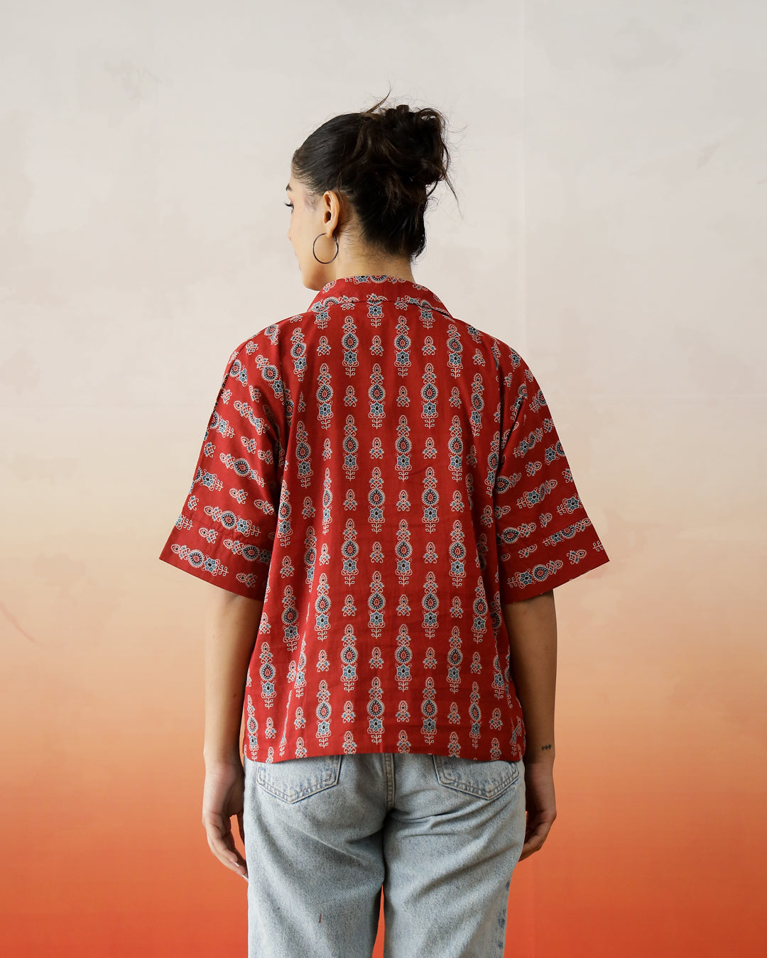 Red Printed Shirt Collar Top