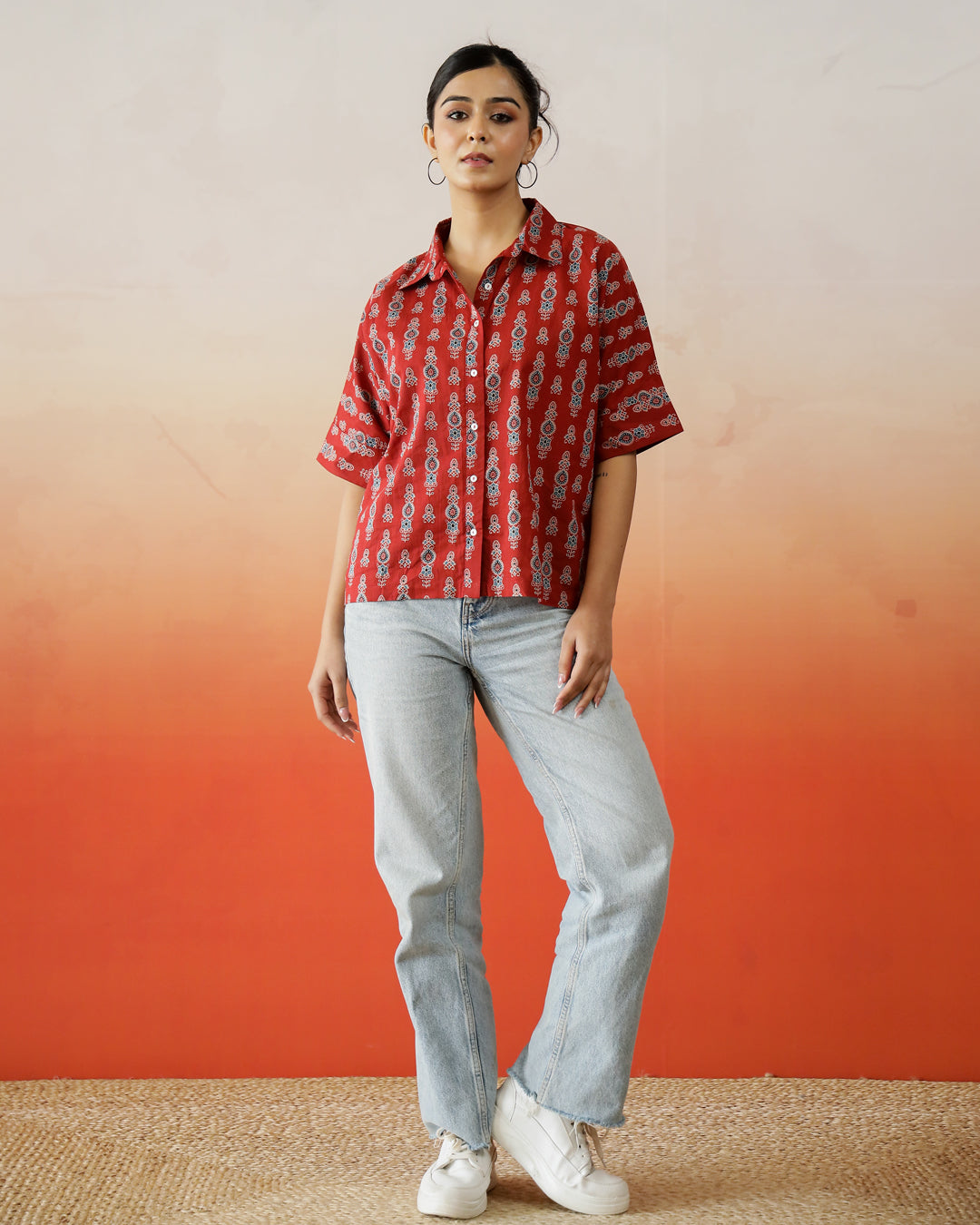 Red Printed Shirt Collar Top