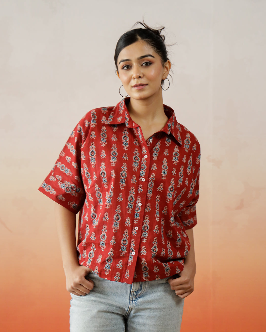 Red Printed Shirt Collar Top