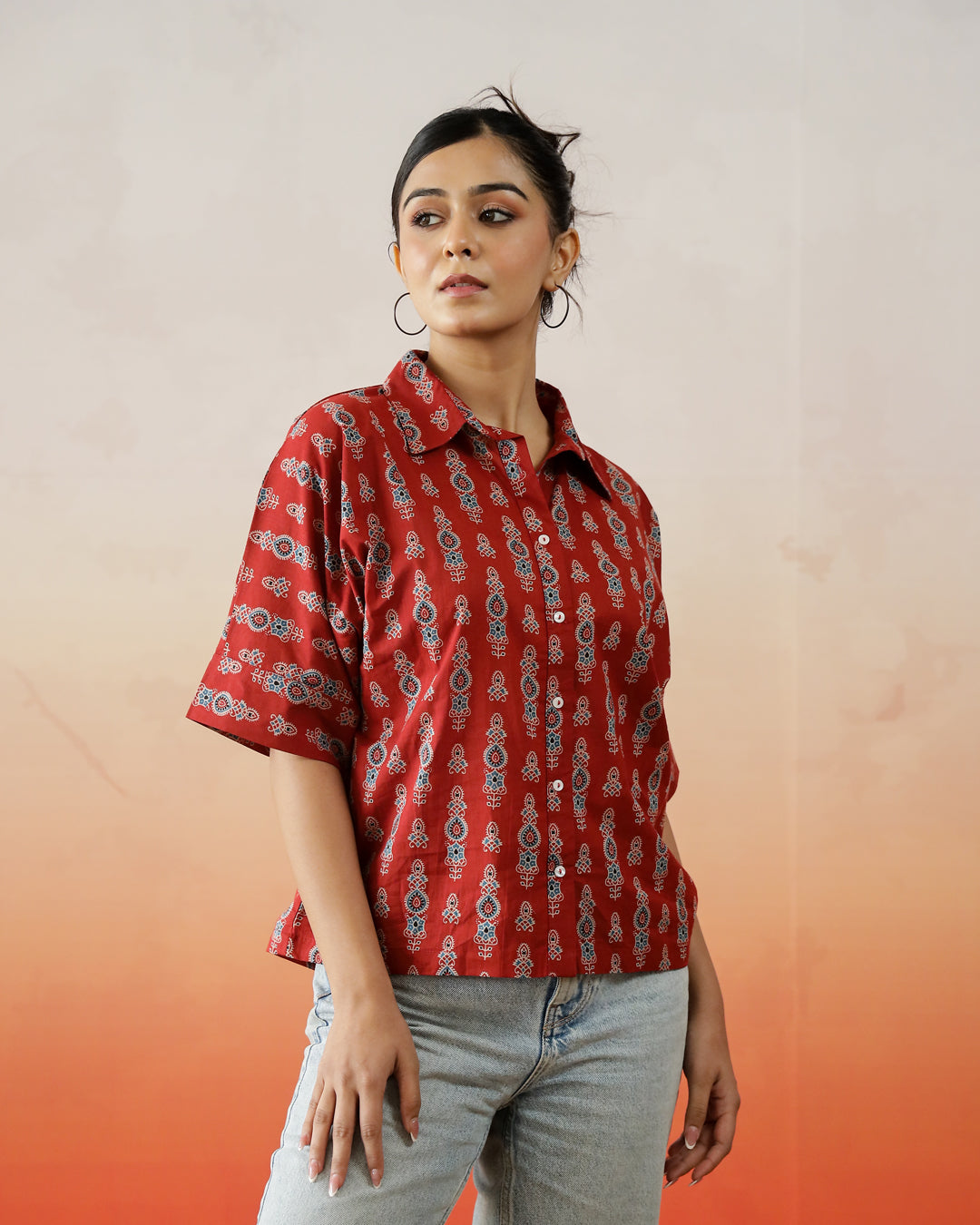 Red Printed Shirt Collar Top