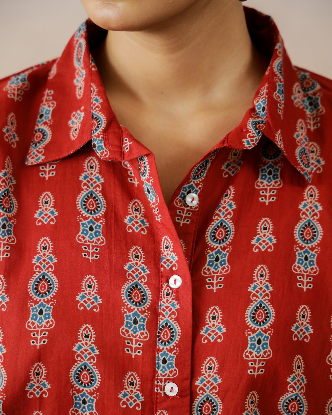 Red Printed Shirt Collar Top