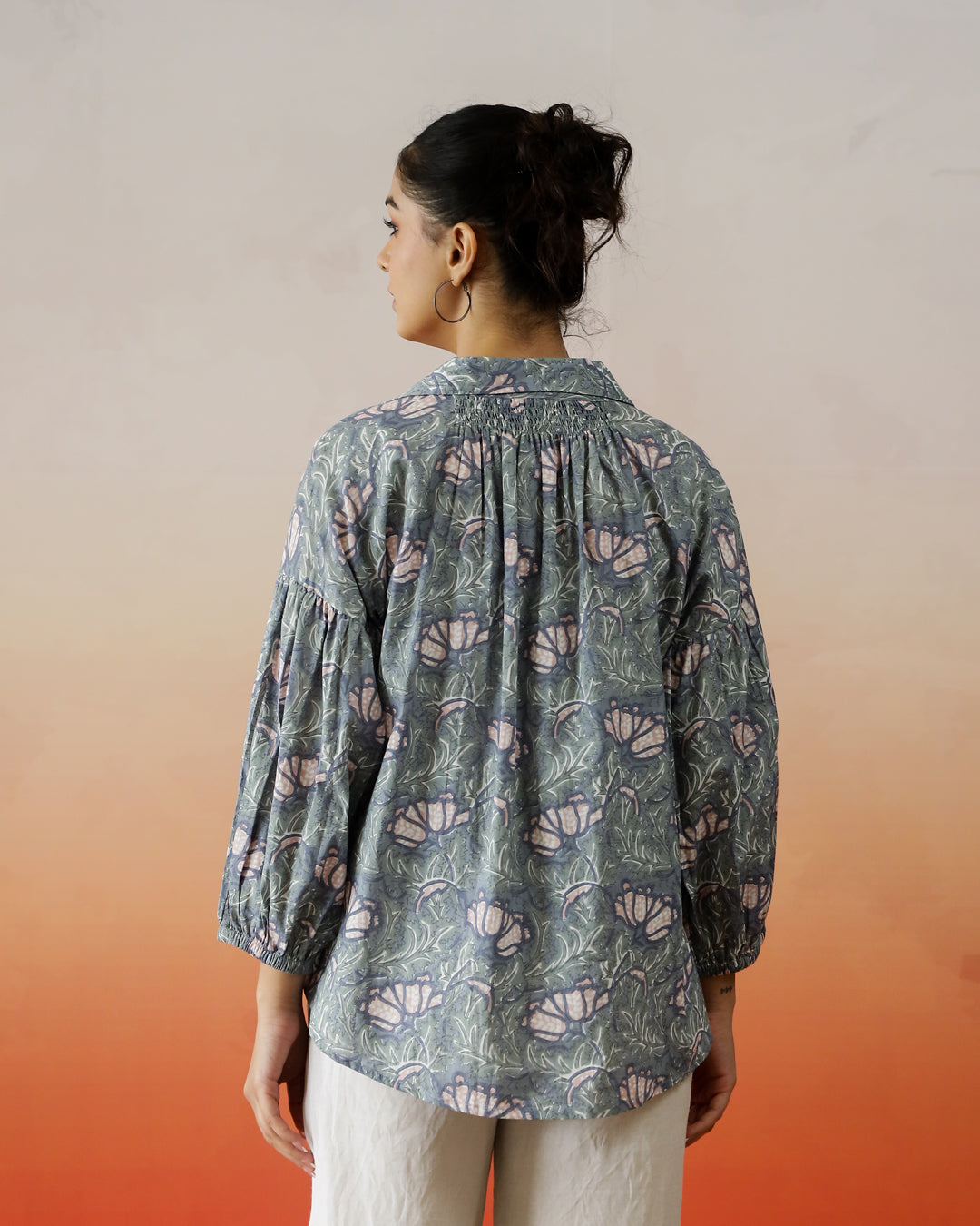 Printed Cotton Top With Shirt Collar