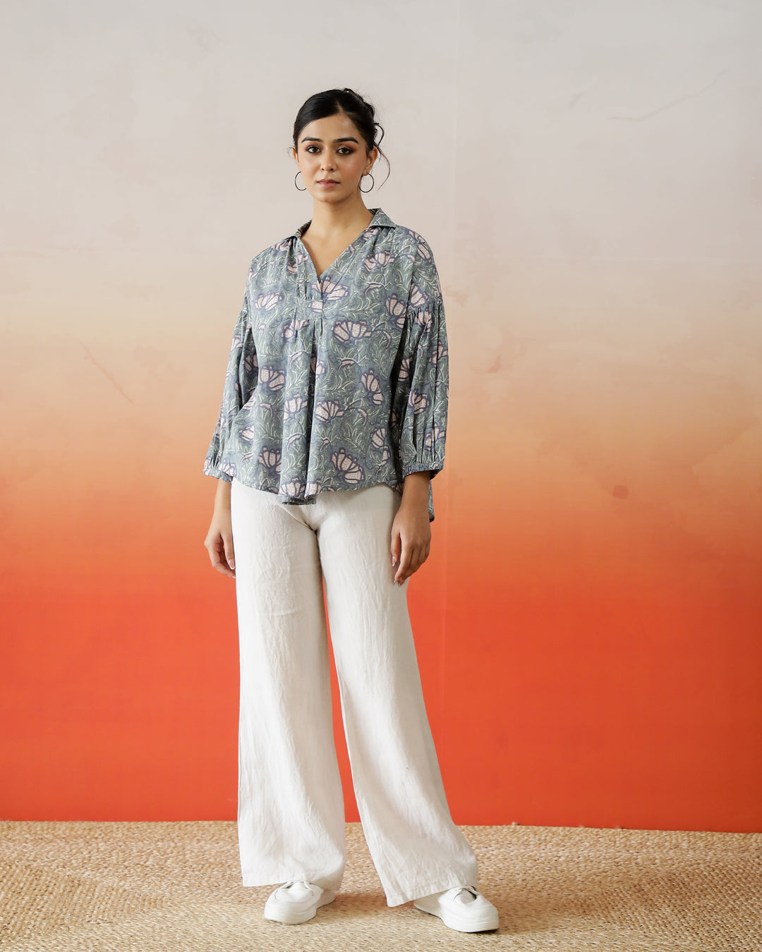 Printed Cotton Top With Shirt Collar