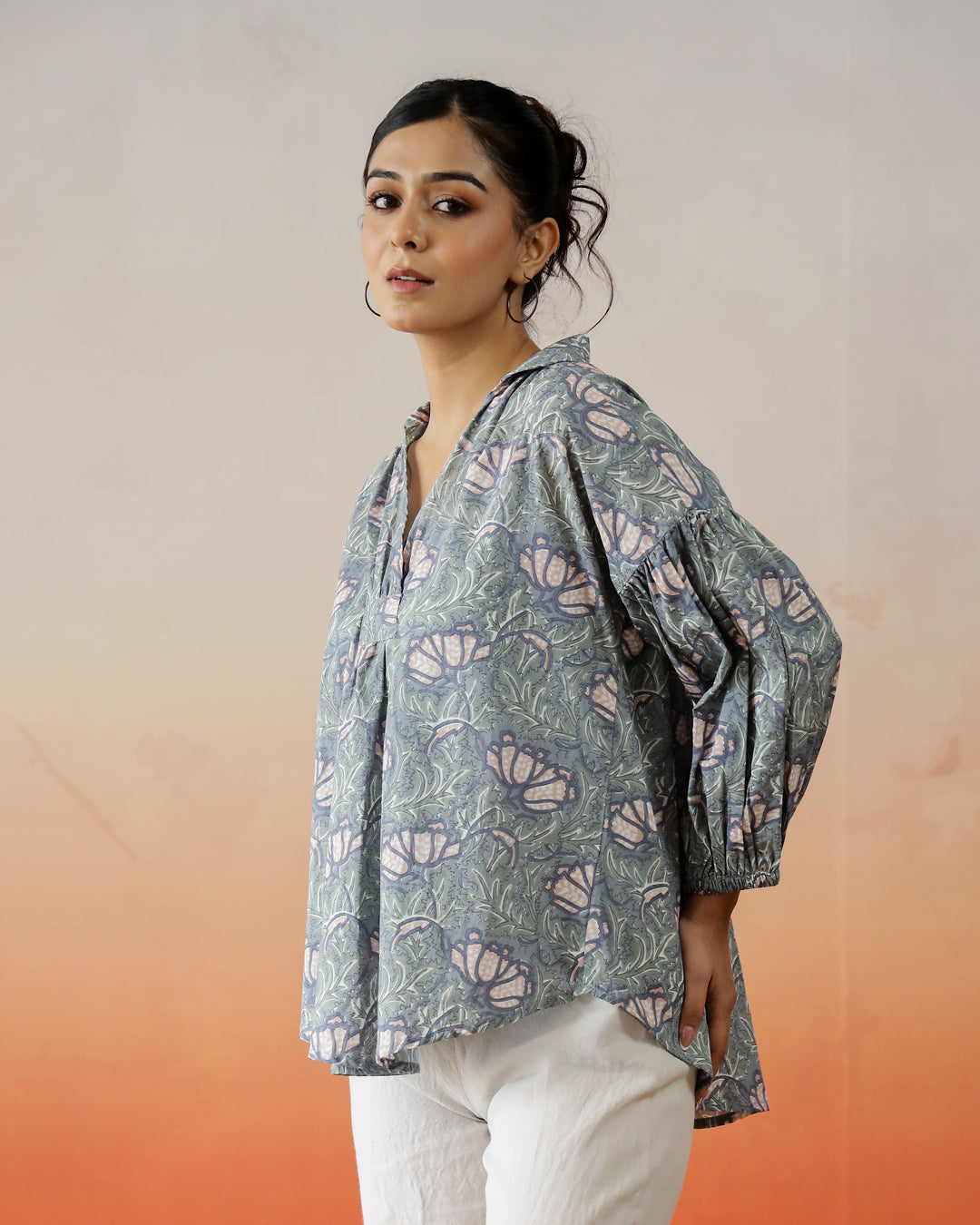 Printed Cotton Top With Shirt Collar