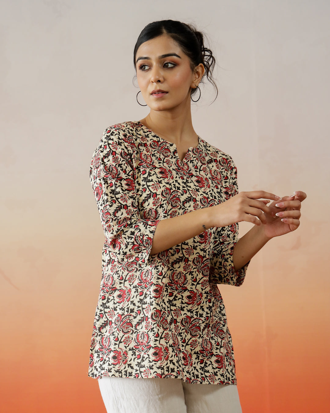 Brown Flower Printed Cotton Top