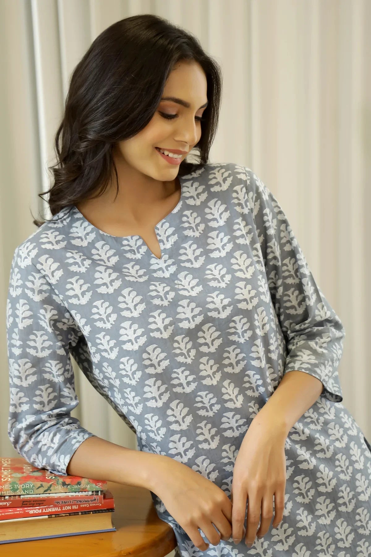 GRey Cotton Printed Night Suit Set with Pajama - SanskrutiHomes 