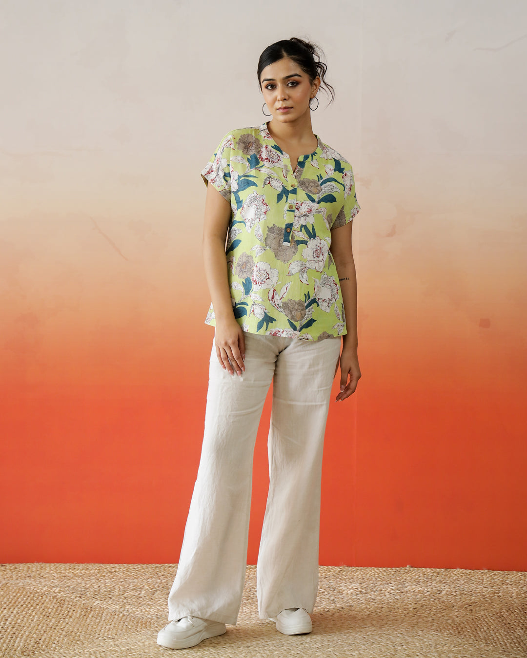 Green Flower Printed V-Neck Top