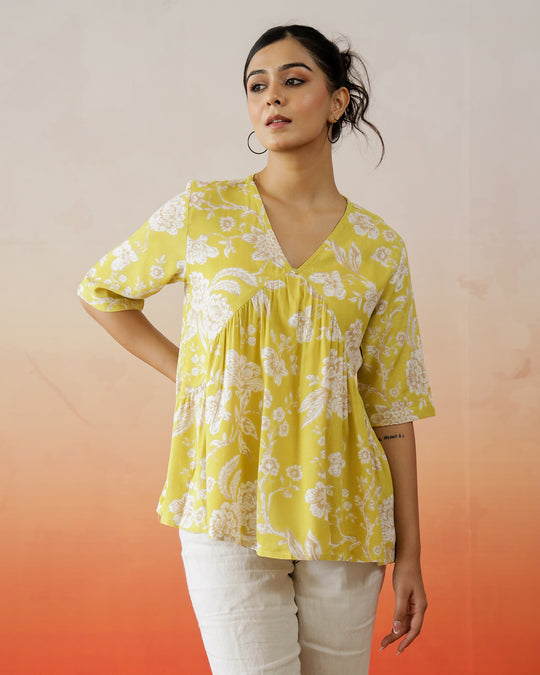 Yellow Flower Printed V-Neck Top