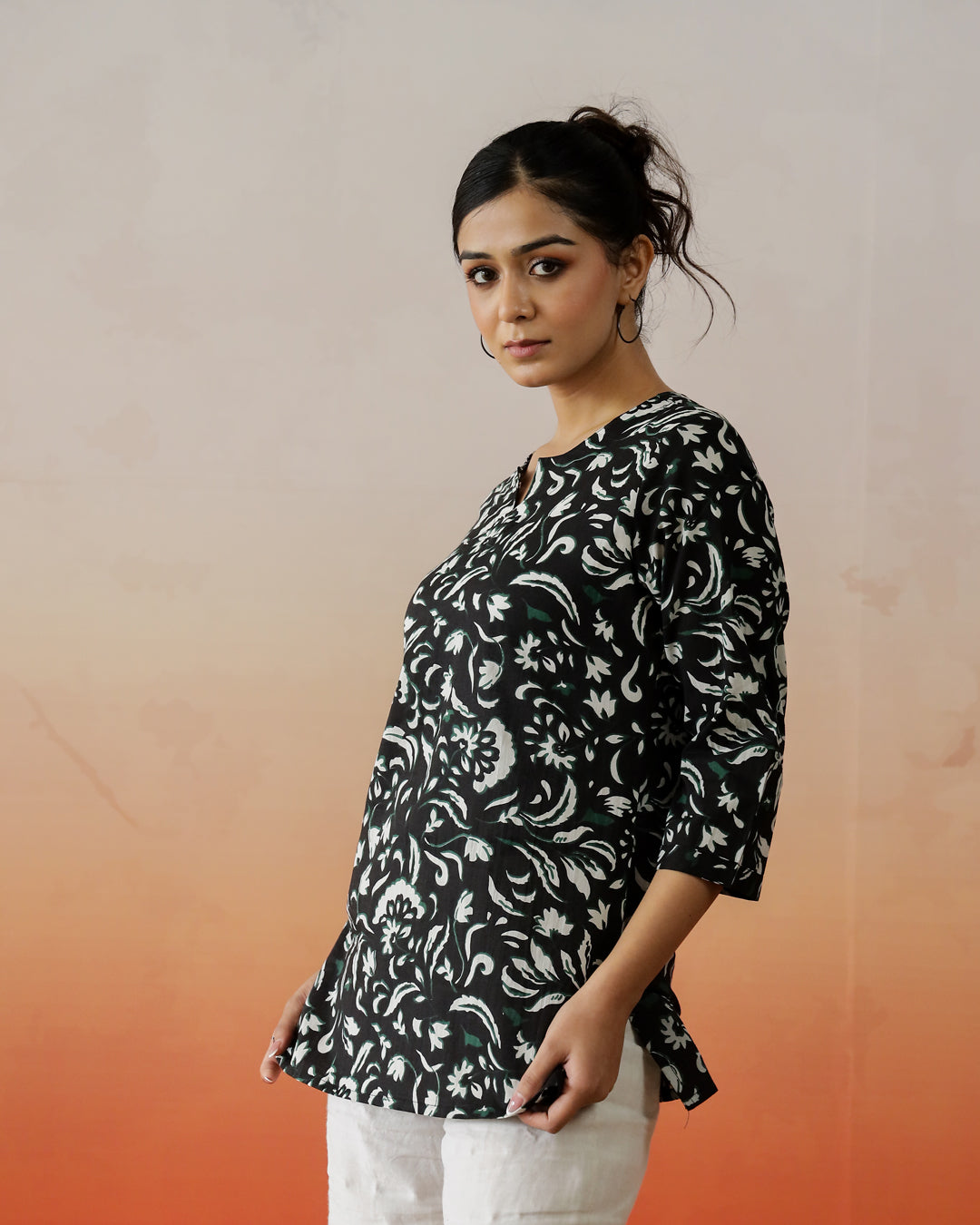 Black Floral Printed Cotton Top