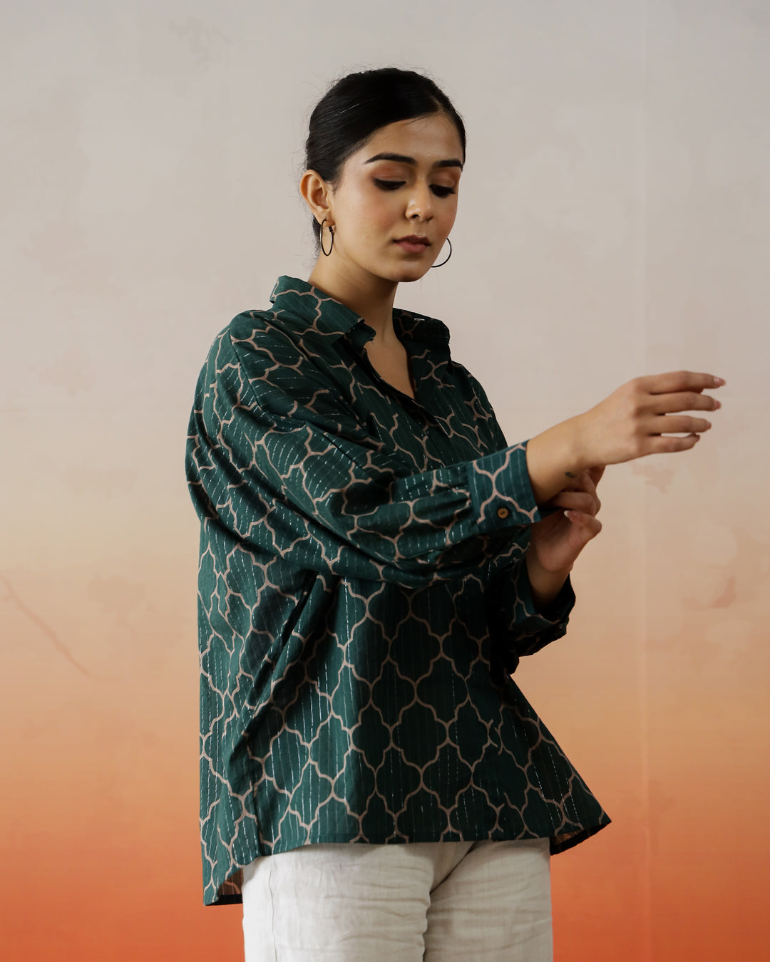 Green Solid Print Cotton Top for Women