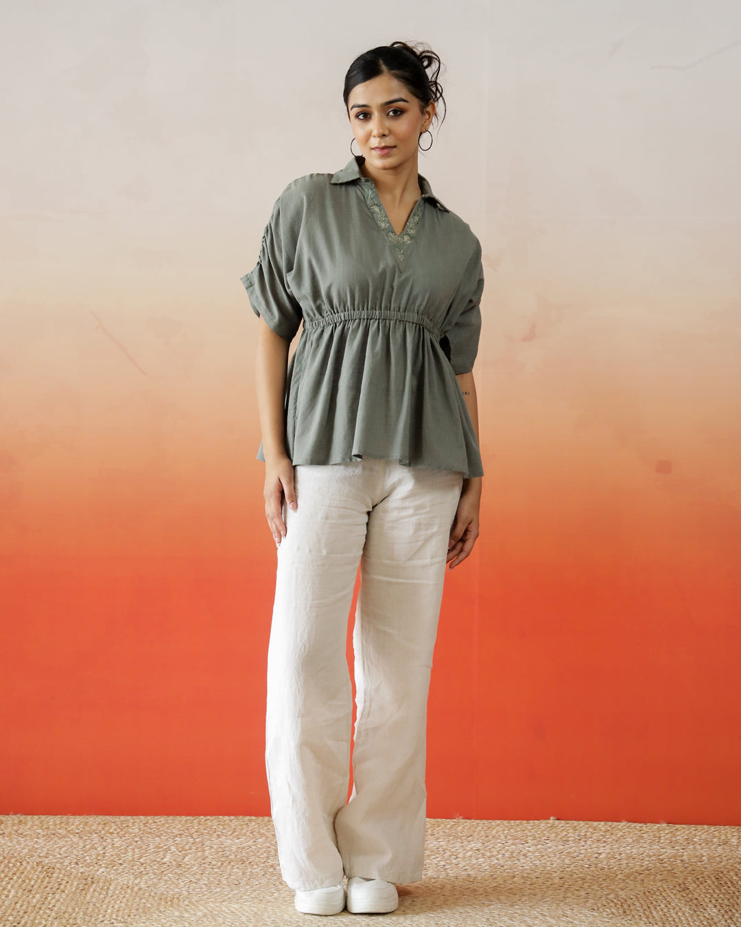 Solid Print Cotton Embroidered Top