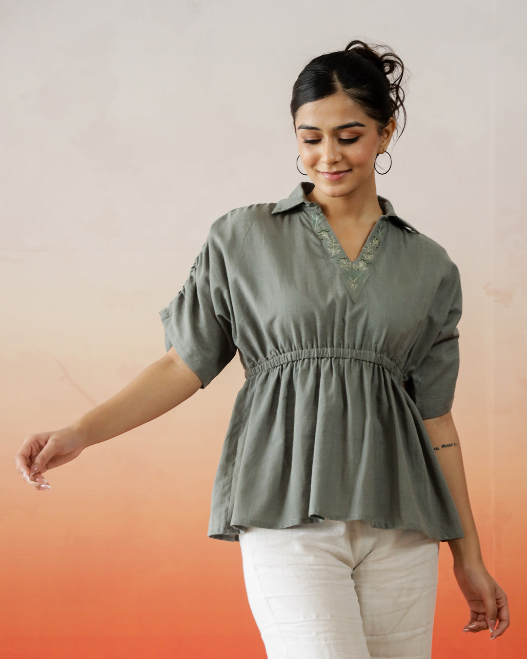 Solid Print Cotton Embroidered Top