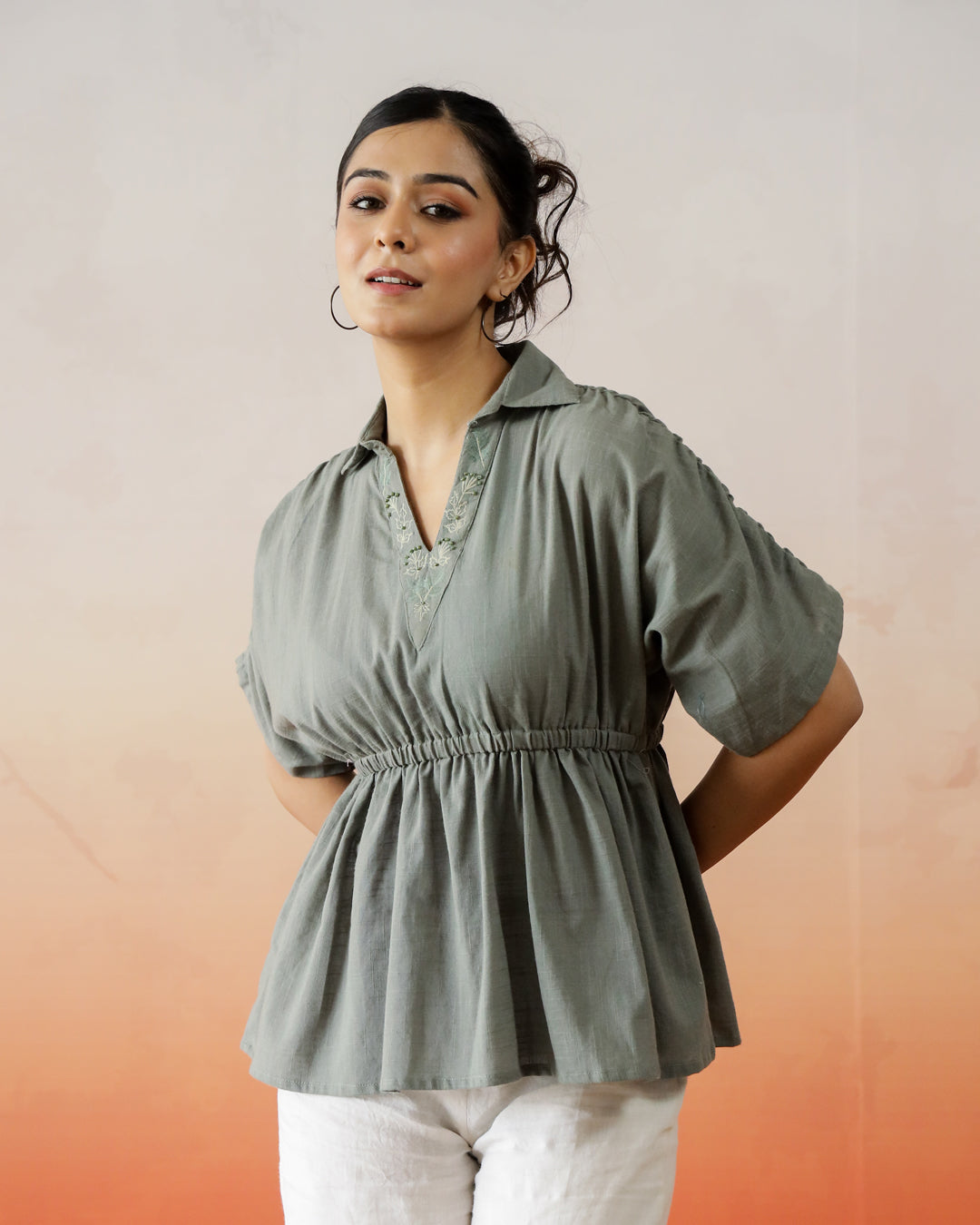 Solid Print Cotton Embroidered Top