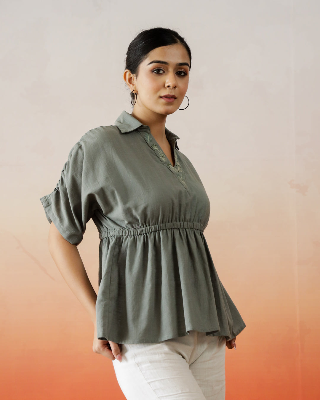 Solid Print Cotton Embroidered Top