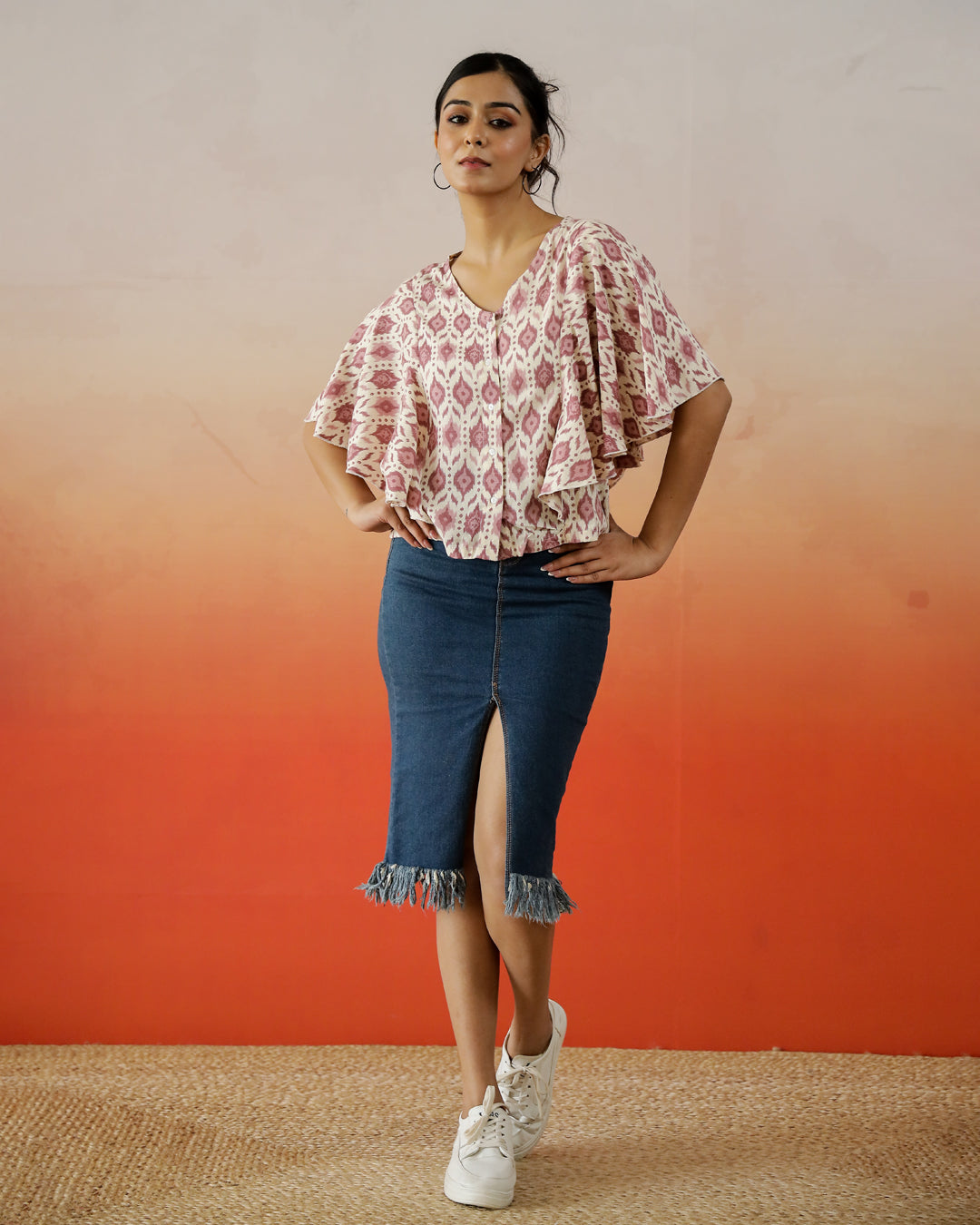 Cream Printed V-Neck Top For Women