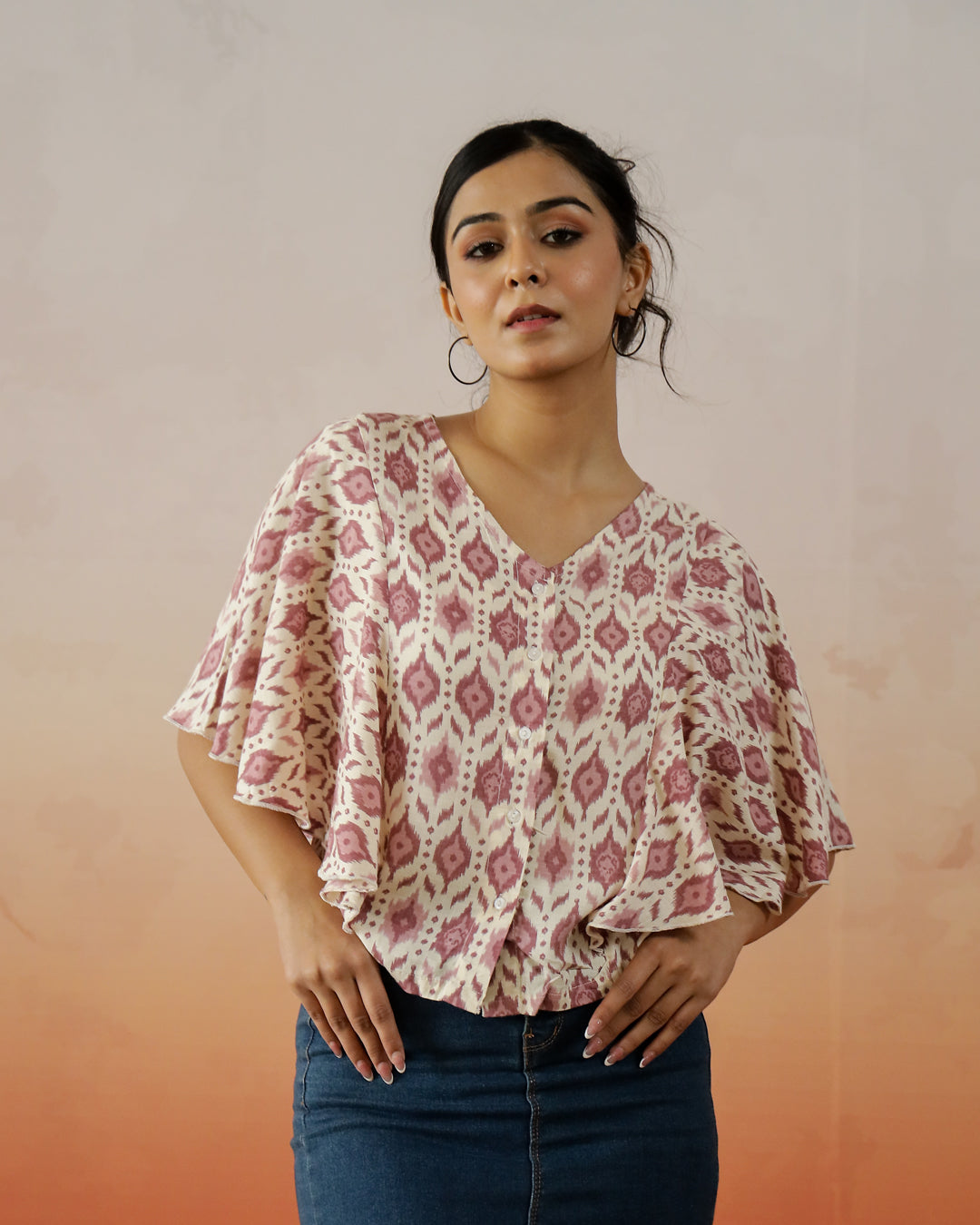 Cream Printed V-Neck Top For Women