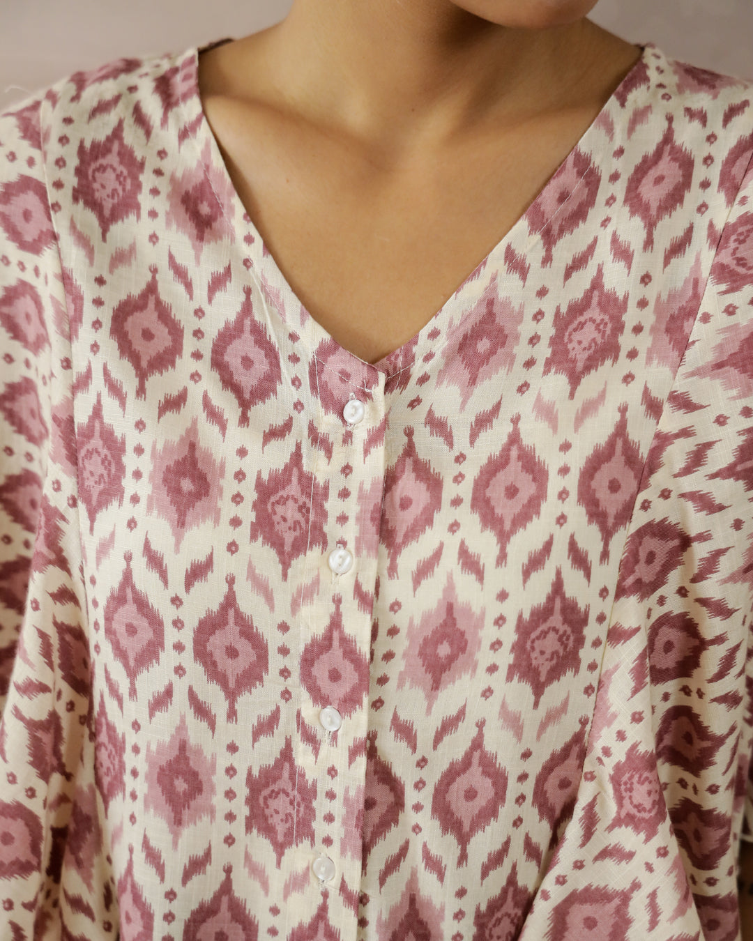 Cream Printed V-Neck Top For Women
