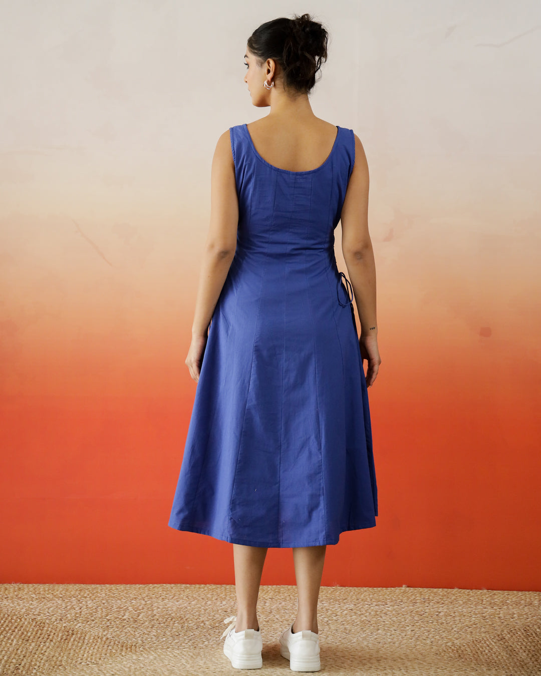 Blue Solid Print Cotton Dress for Women
