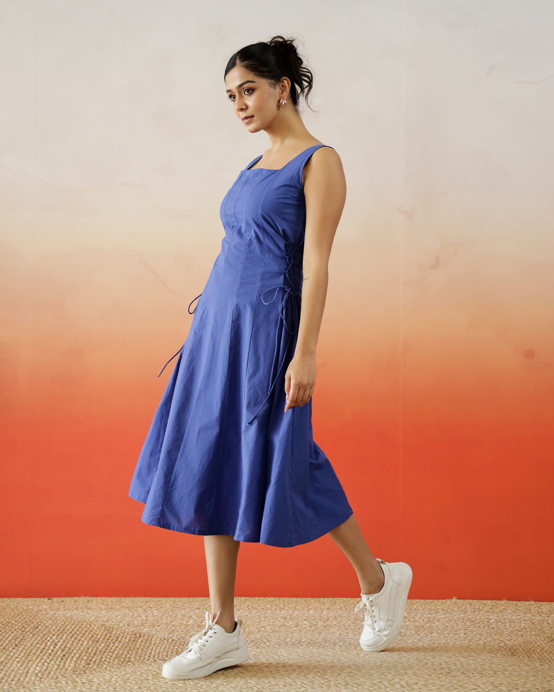 Blue Solid Print Cotton Dress for Women