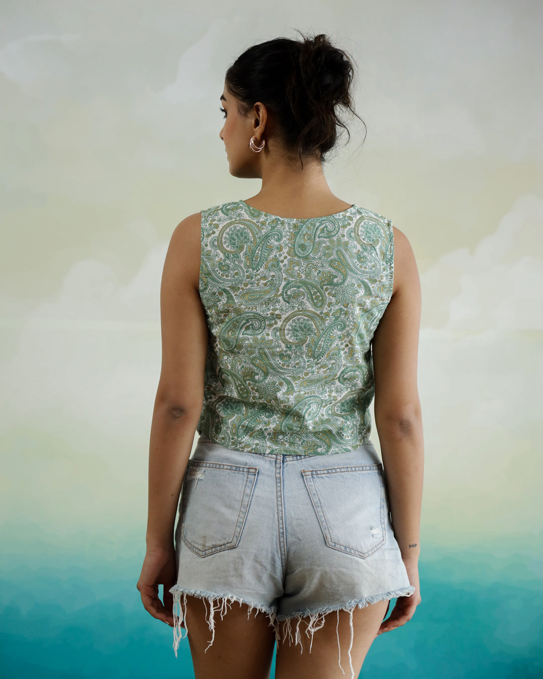 Green Printed Sleeveless Top For Women