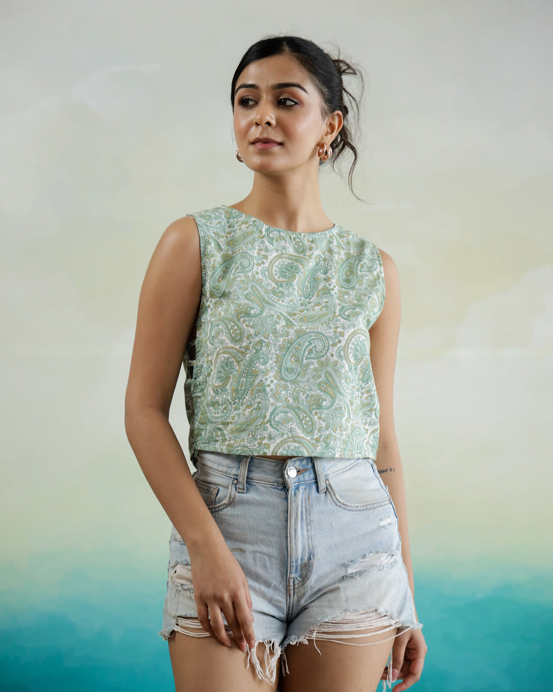 Green Printed Sleeveless Top For Women