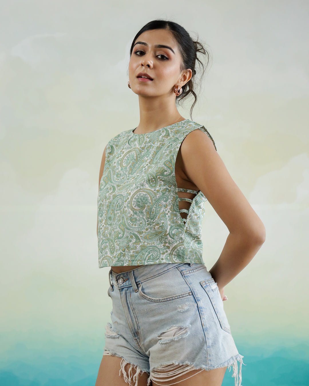 Green Printed Sleeveless Top for Women