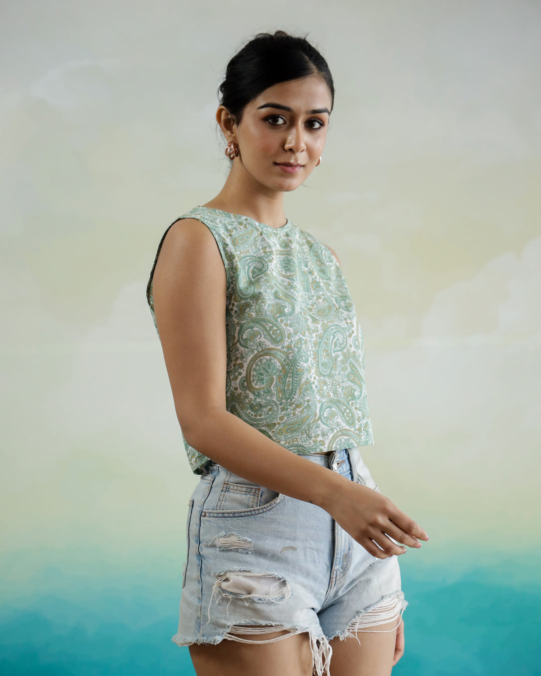 Green Printed Sleeveless Top for Women