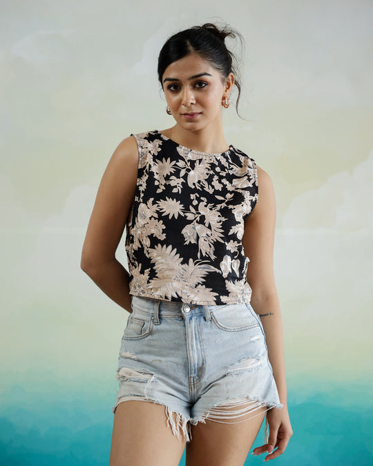 Black Floral Printed Sleeveless Top