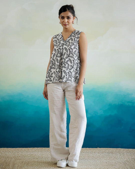 Leaf Printed Cotton Sleeveless Top