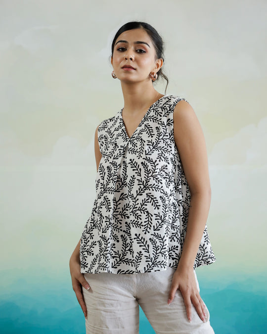 Leaf Printed Cotton Sleeveless Top