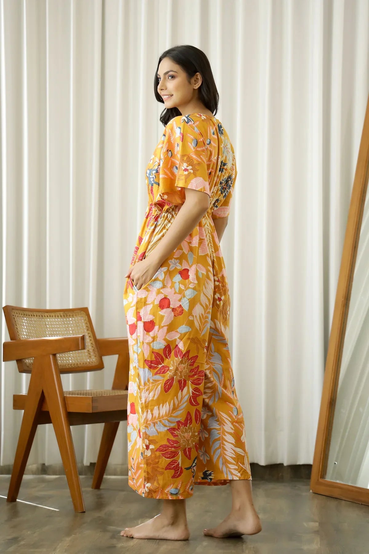 Orange Printed V-Neck Cotton Jump Suit For Women