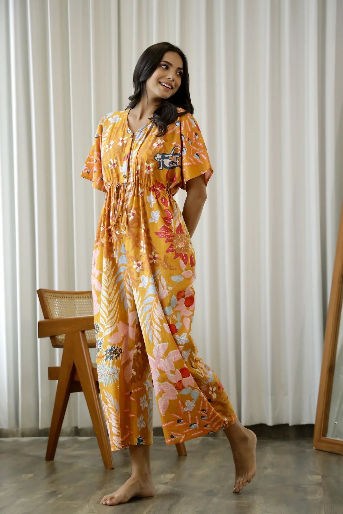 Orange Printed V-Neck Cotton Jump Suit For Women