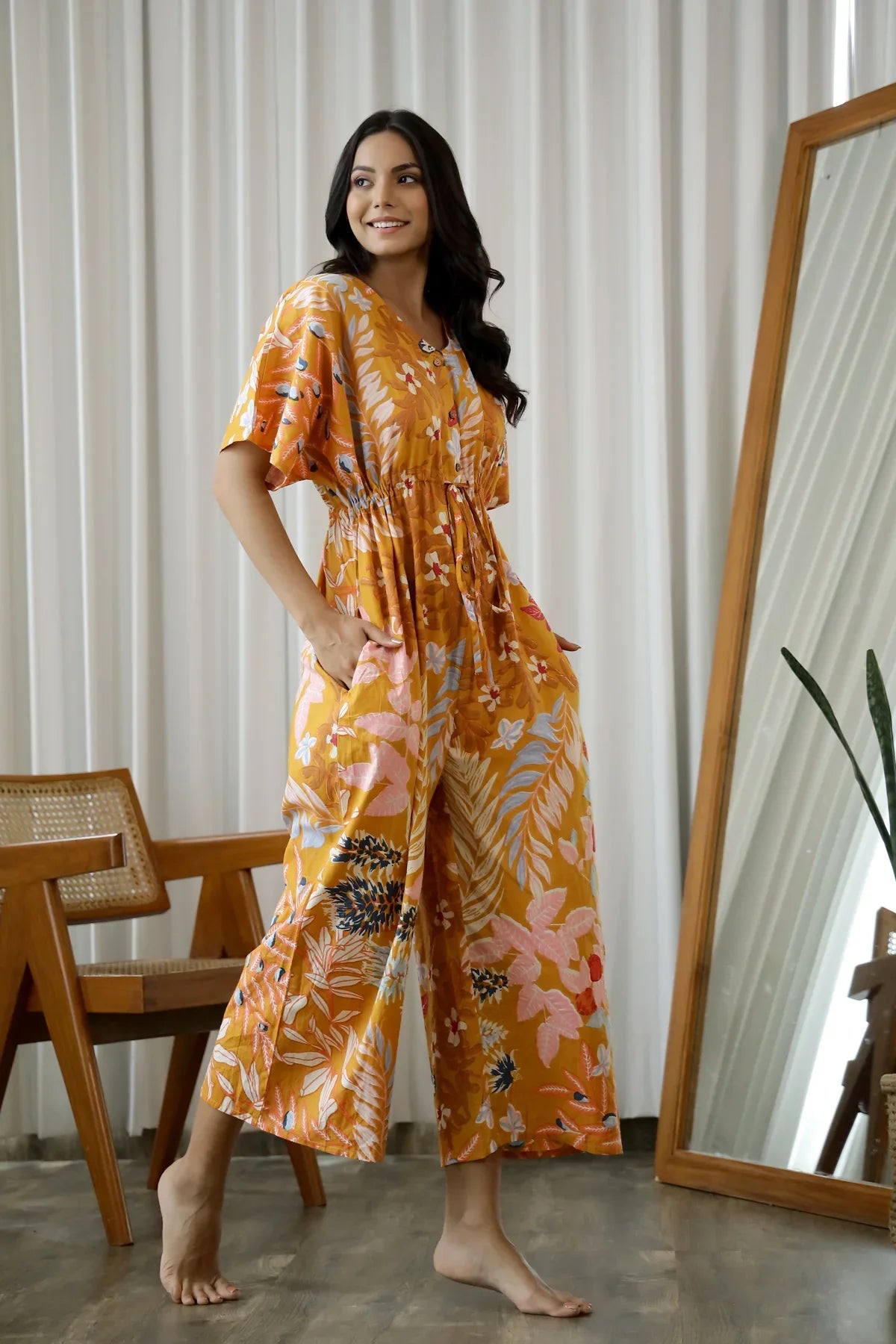 Orange Printed V-Neck Cotton Jump Suit For Women