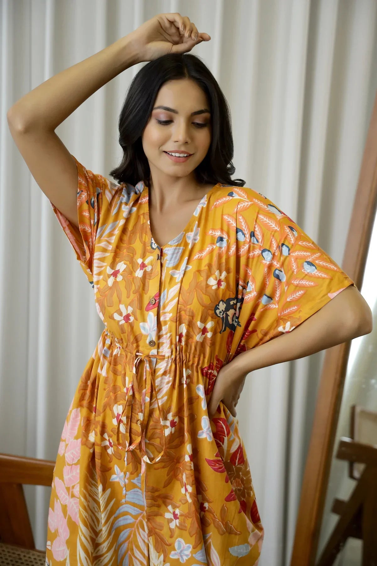 Orange Printed V-Neck Cotton Jump Suit For Women