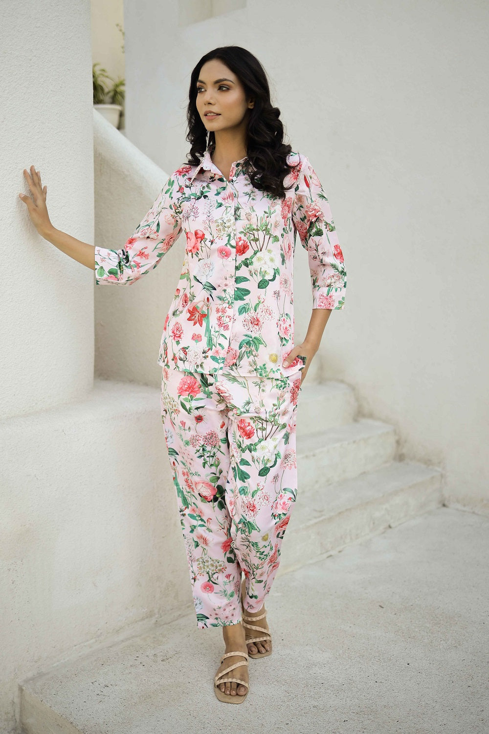 Pink Floral Printed Shirt Collar Satin Pyjama Night Suit For Women