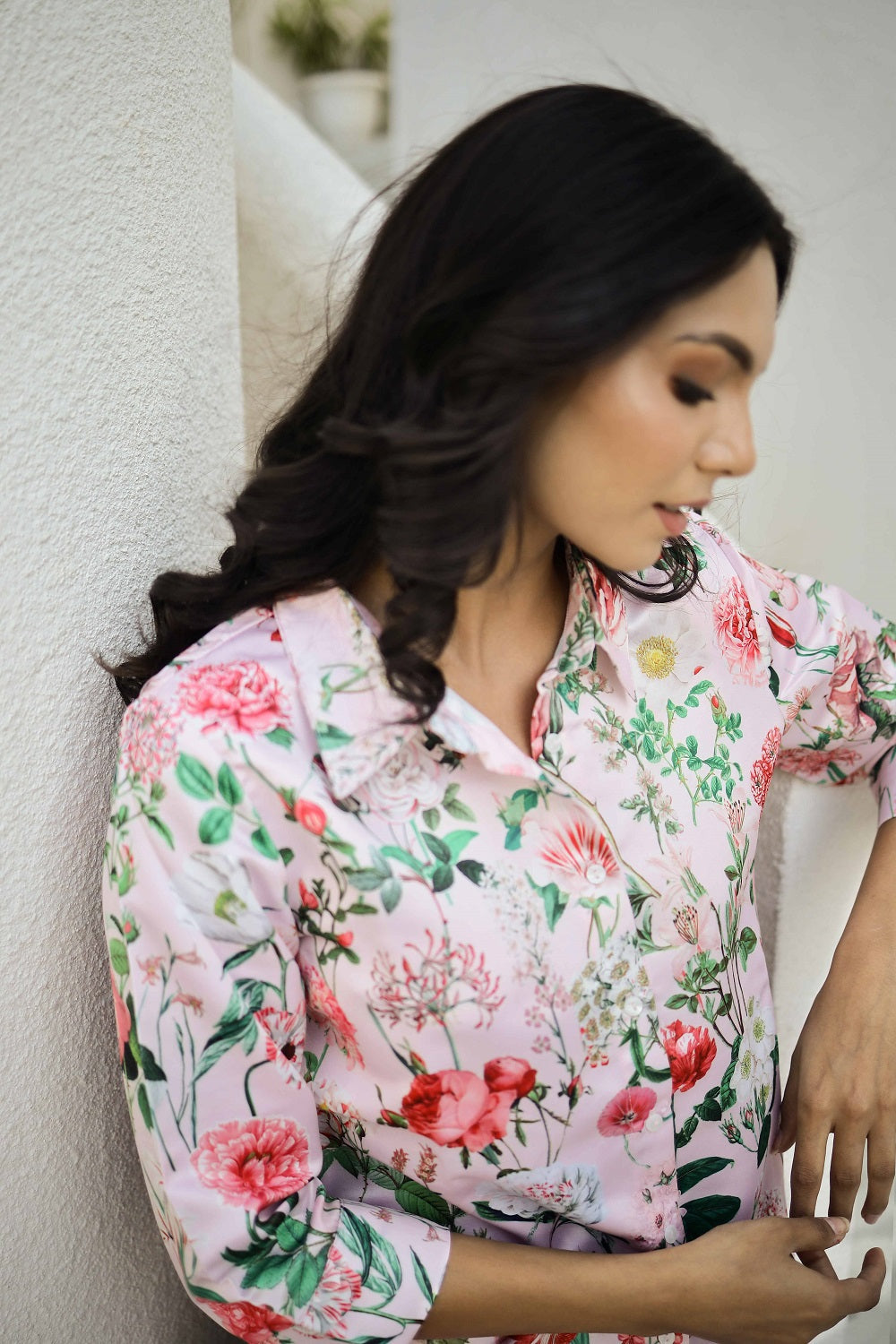 Pink Floral Printed Shirt Collar Satin Pyjama Night Suit For Women