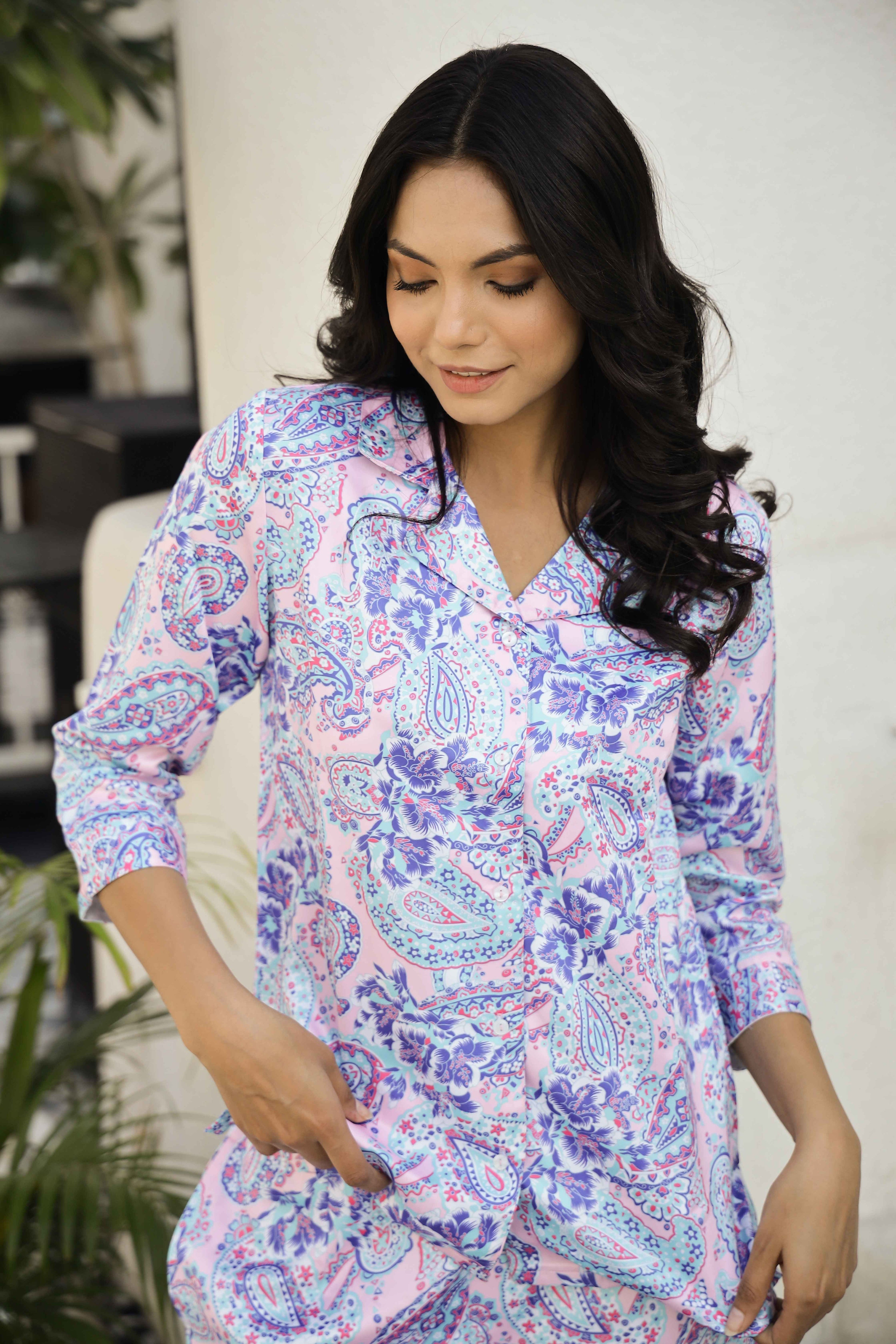 Blueberry Paisley Printed Lapel Collar Satin Pyjama Night Suit For Women