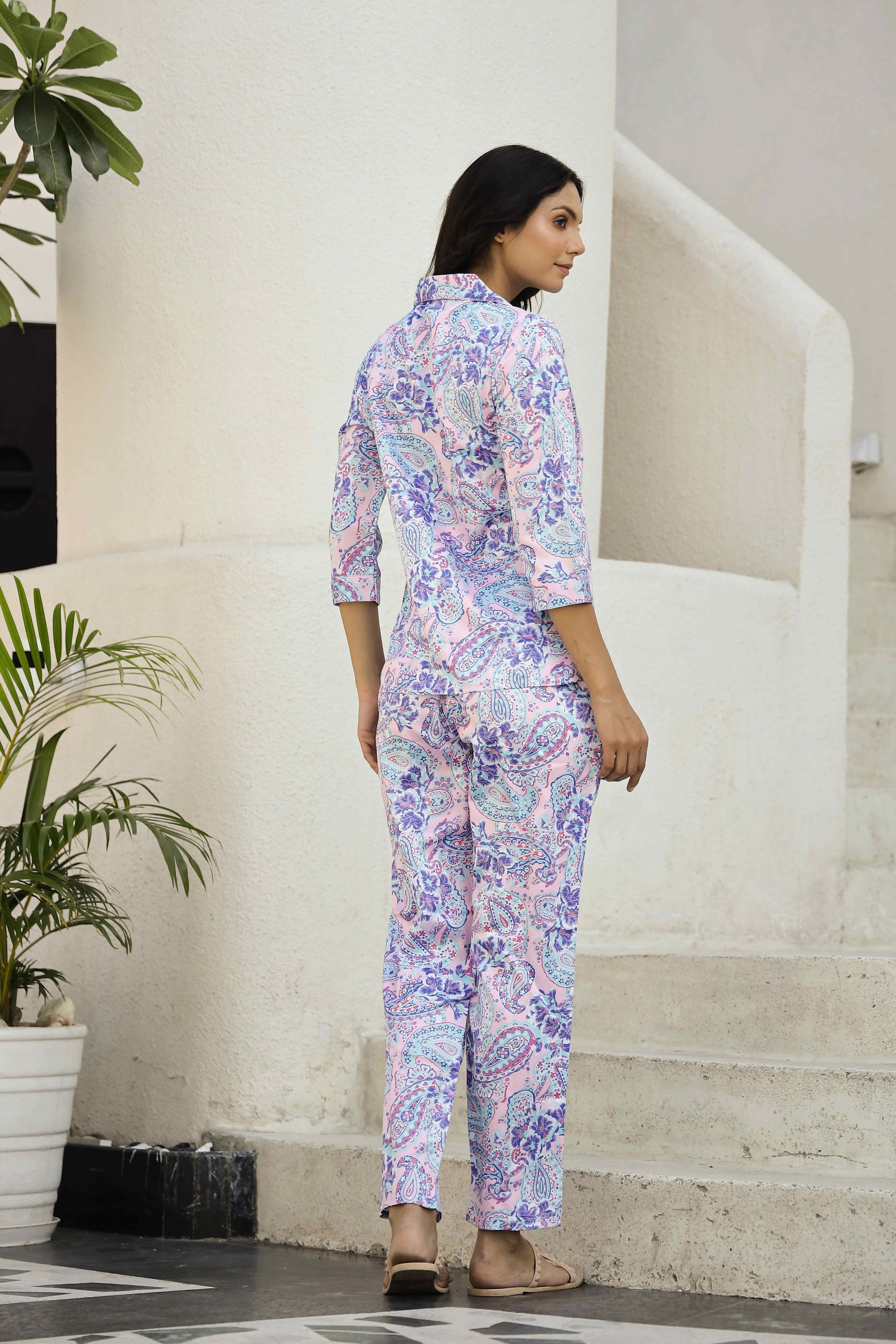 Blueberry Paisley Printed Lapel Collar Satin Pyjama Night Suit For Women