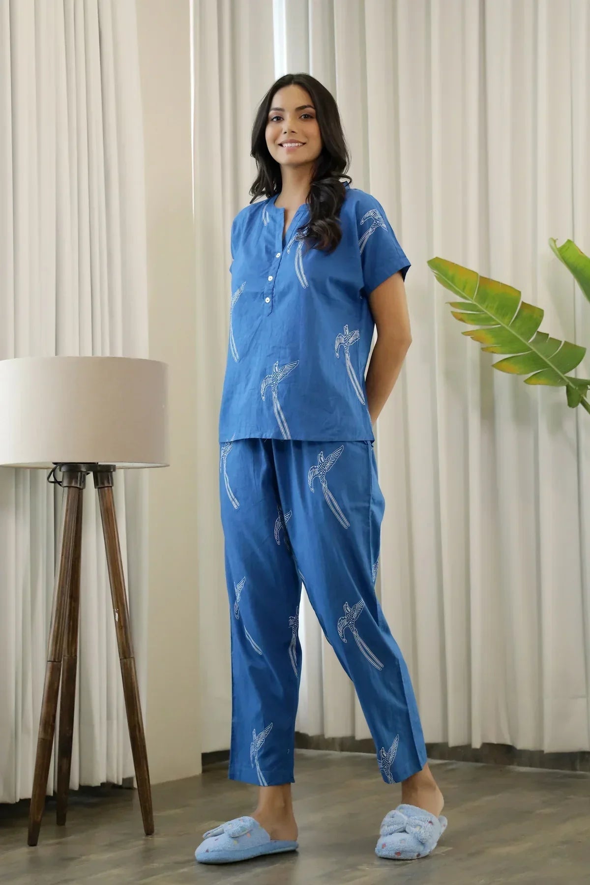 Women Blue and White Conversational Eagle Printed Night Suit Set with Pyjama - SanskrutiHomes 