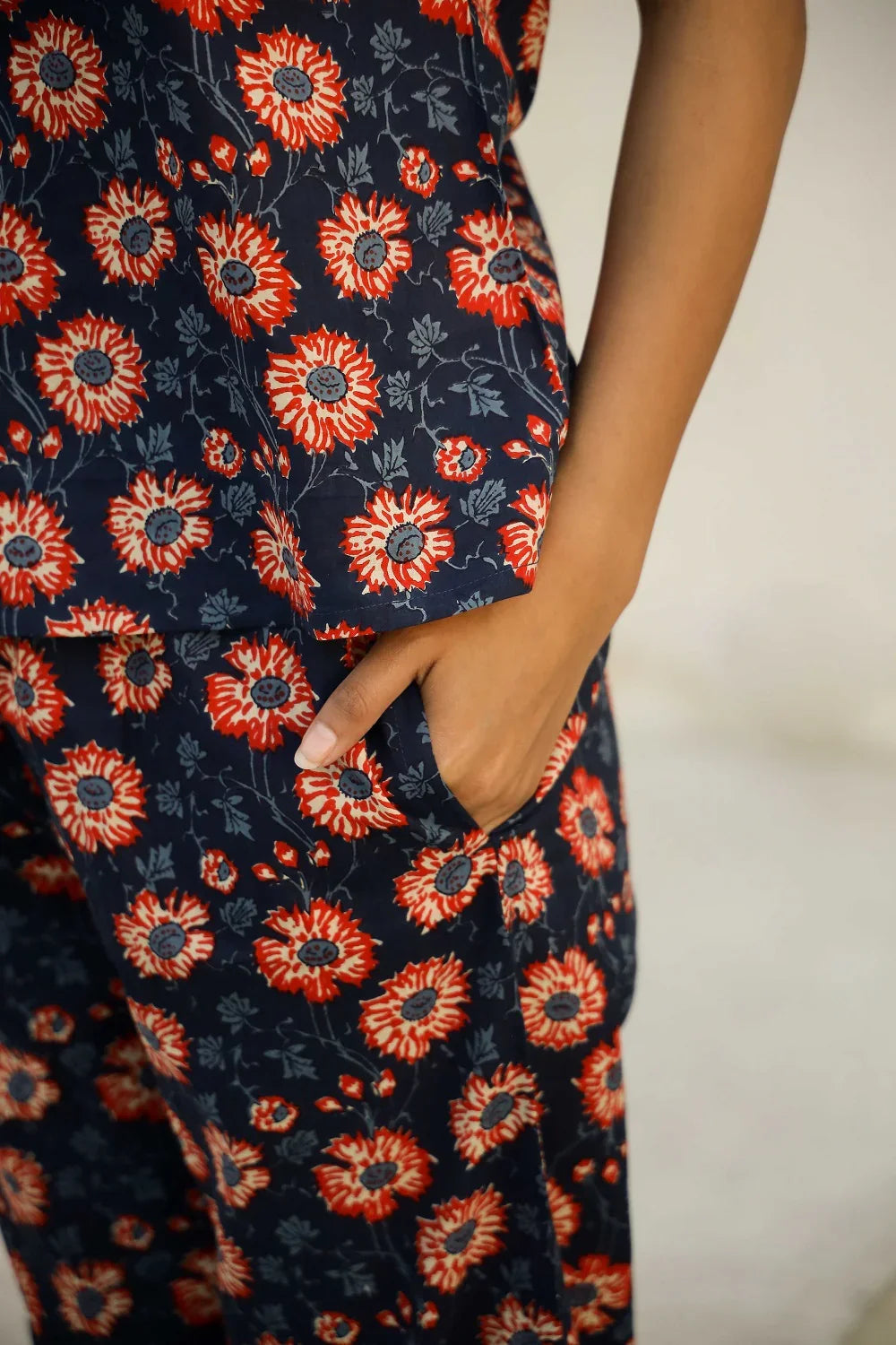 Navy Blue Printed Pure Cotton Night Suit