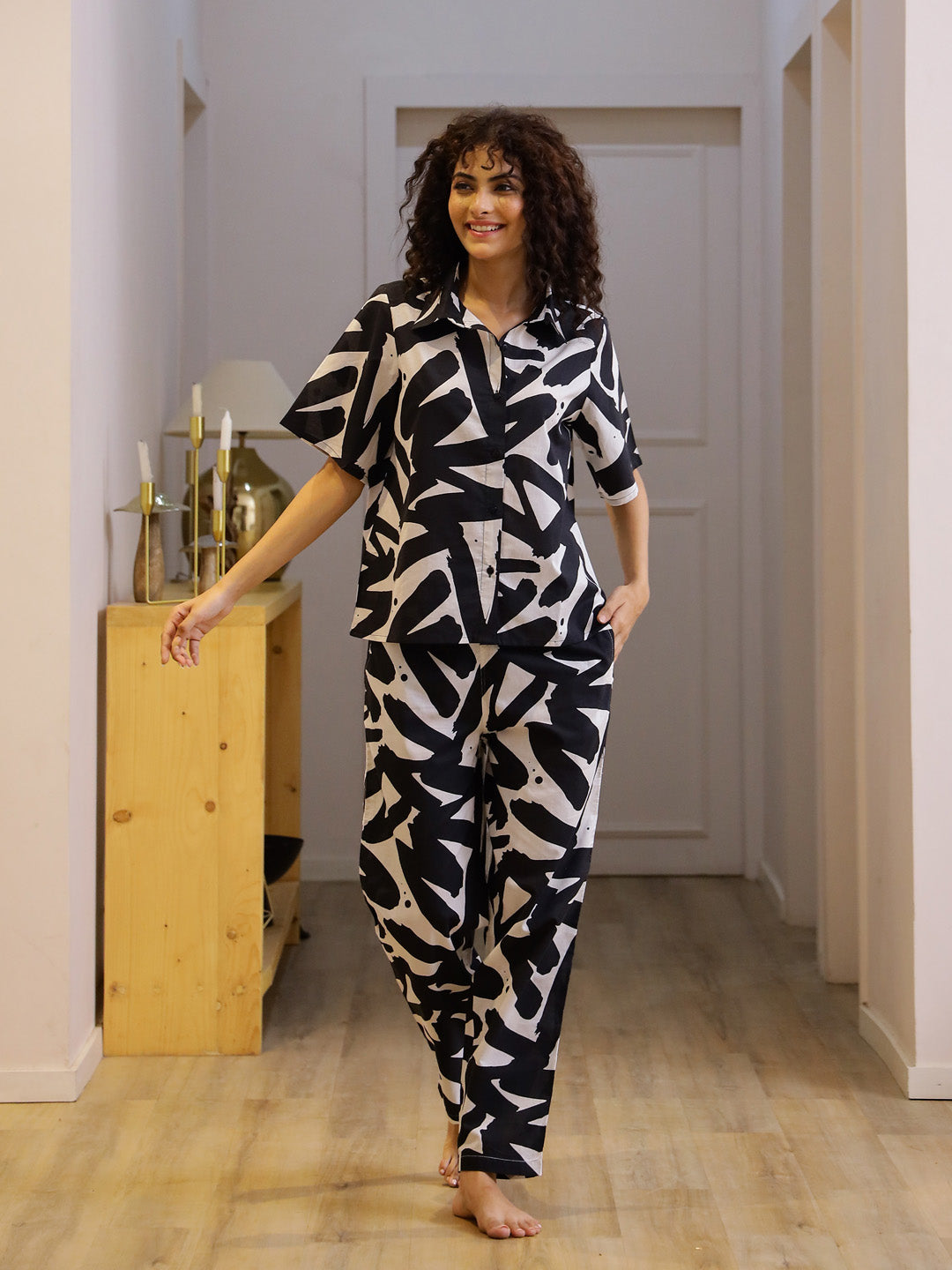 Black and White Printed Night Suit Set
