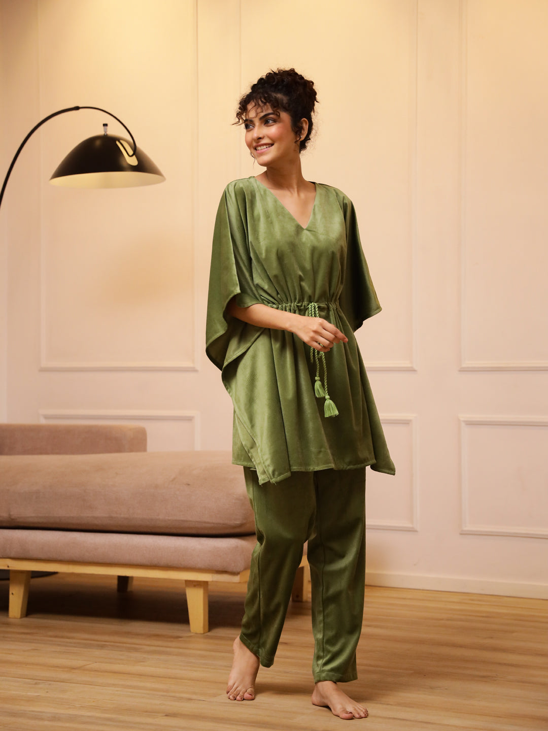 Green V-Neck Velvet Winter Kaftan - SanskrutiHomes 