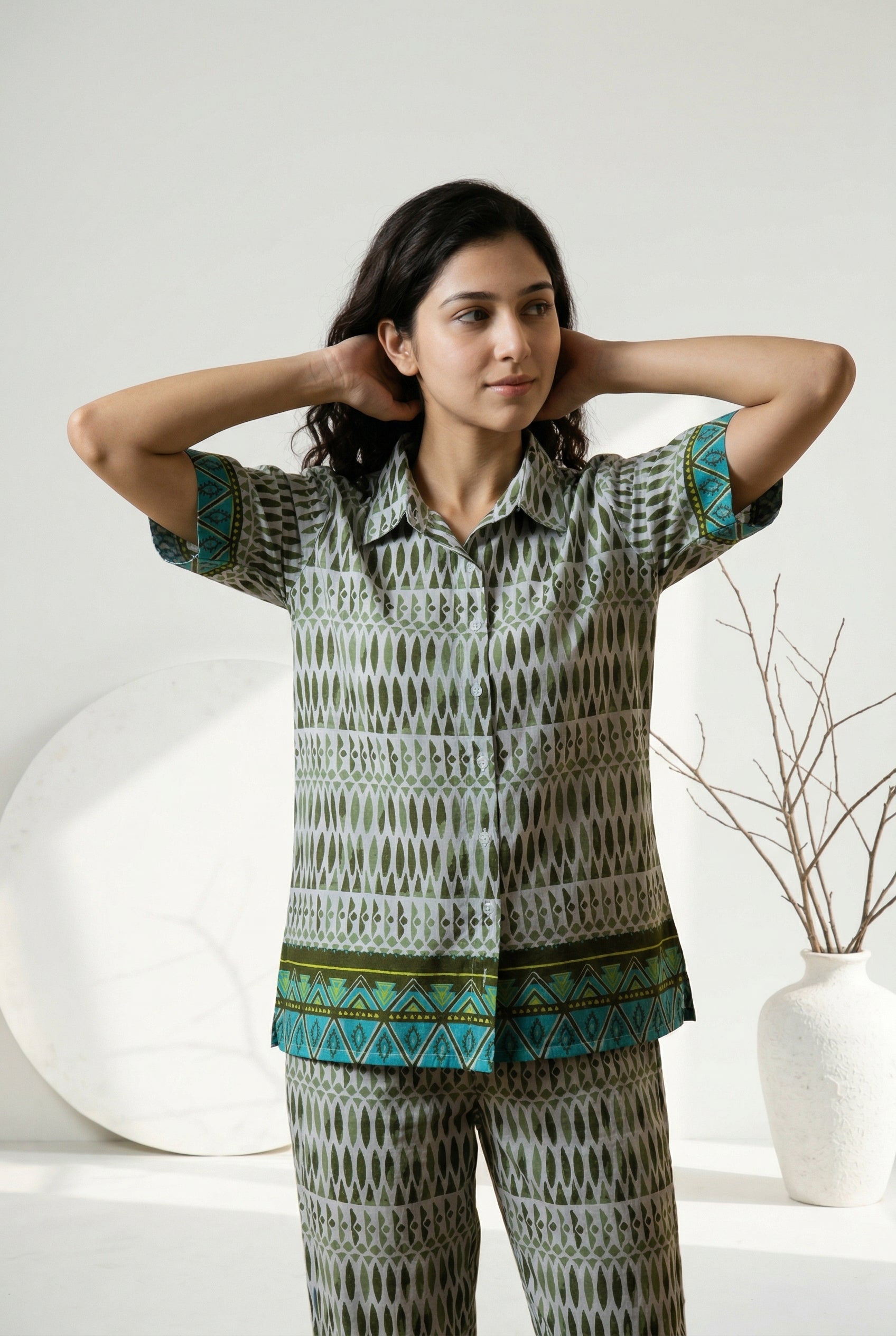 Off White Shirt Collar Ethnic Motifs Pure Cotton Night Suit For Women