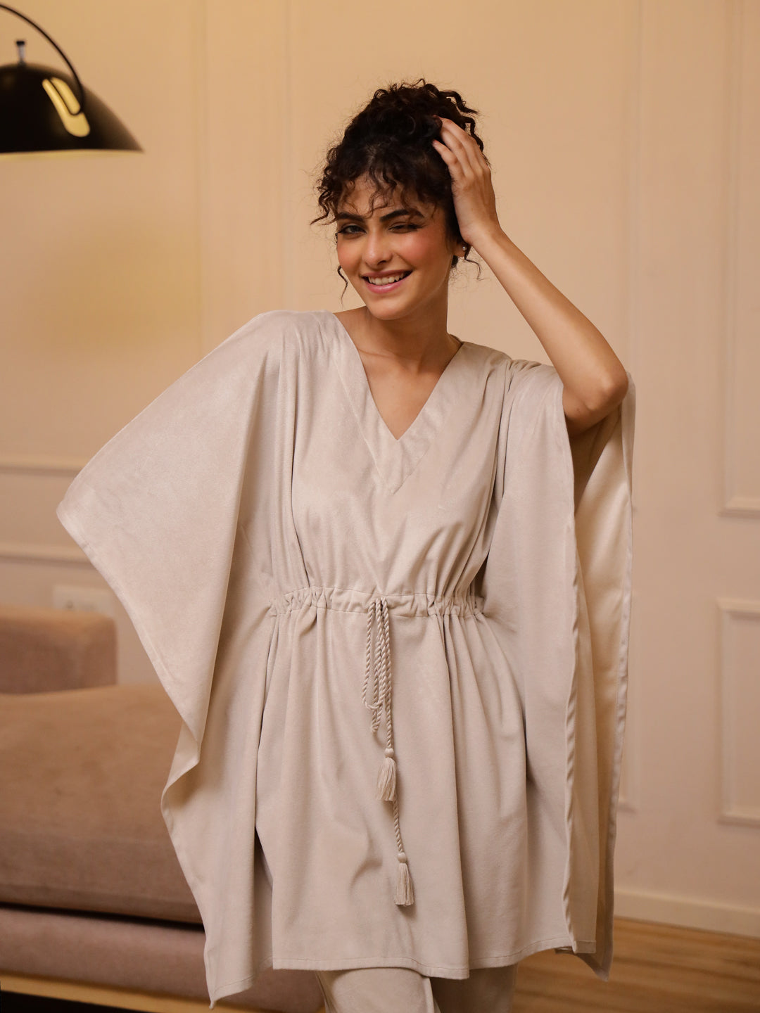 Cream V-Neck Velvet Winter Kaftan - SanskrutiHomes 