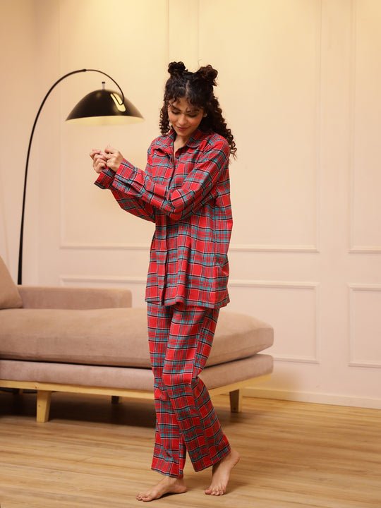 Red Checks Cashmere Winter Loungewear Set