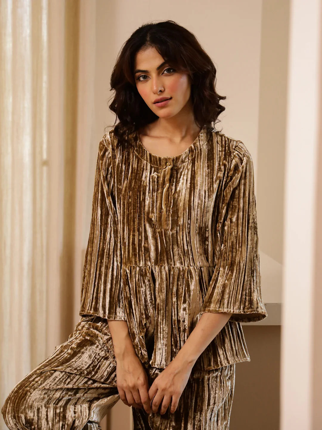 Brown Crush Velvet Night Suit for Women - SanskrutiHomes 