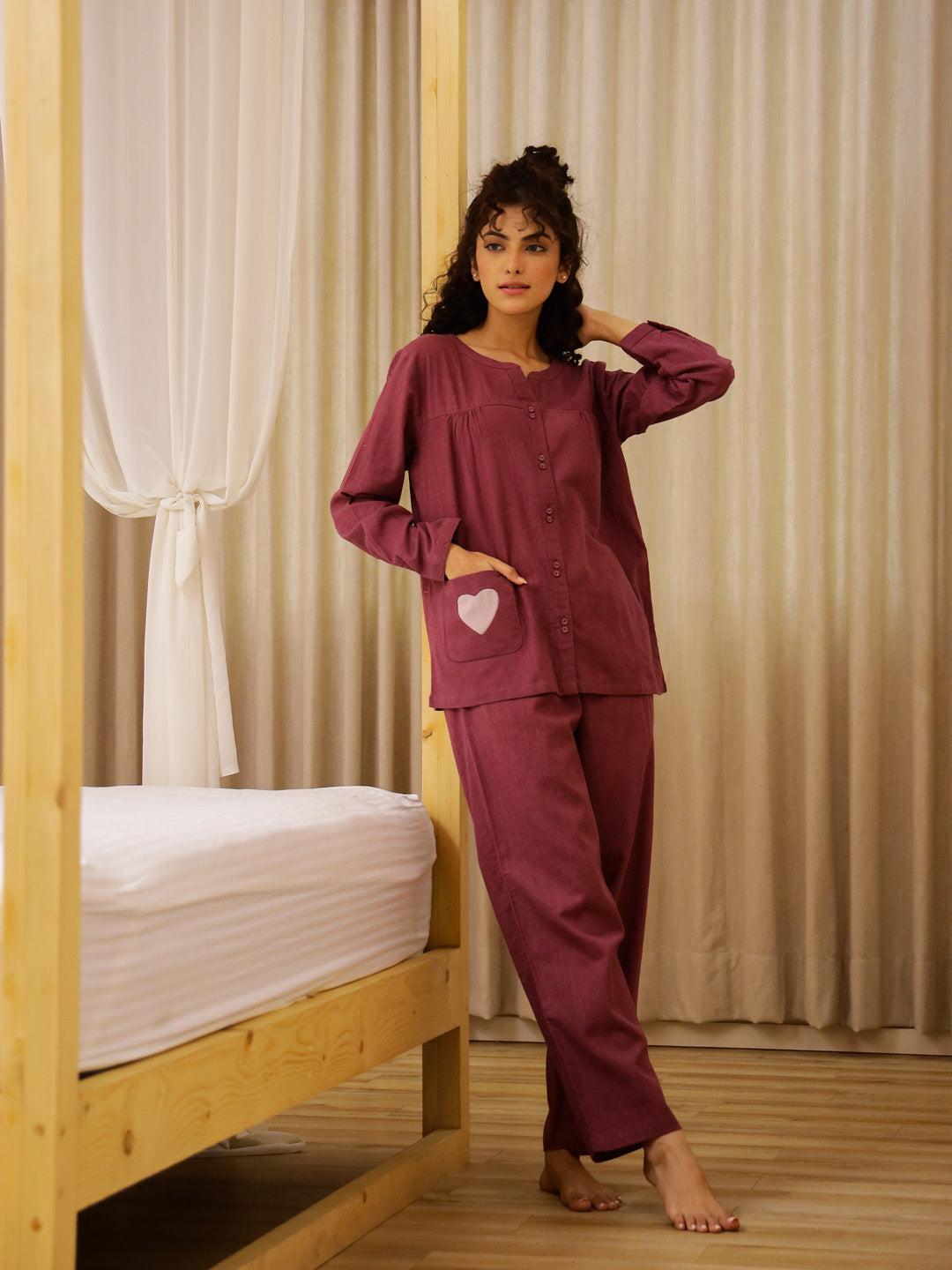 Maroon Solid Print Night Suit Set